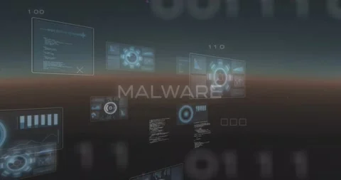 Binary digits forming MALWARE growing as panels sliding and slanted lines Stock Footage 317119023