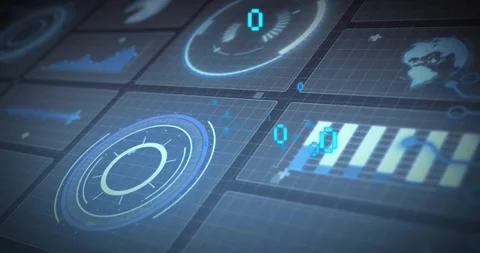 Binary digits forming, multi-ring radar pulsing, bar chart sweeping, camera Stock Footage 328577037