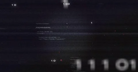 Binary digits glitching in corrupt screen with static noise lines, red pixels, Stock Illustration