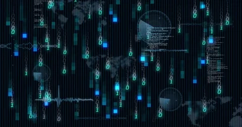 Binary digits, glowing squares starting cascade, emerging map, lines HUD overlay Stock Footage 312638211