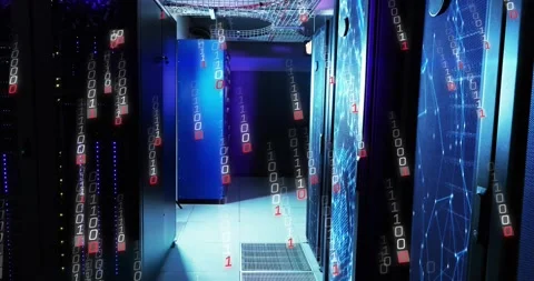 Binary digits materializing and highlighting data flow in corridor between Stock Footage 318143430