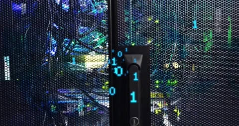 Binary digits materializing and swirling around server handle then fading, Stock Footage 320287175