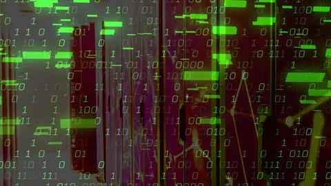 Binary digits materializing over rack servers and forming pulsing code overlay Stock Footage 329972426