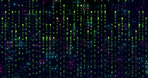 Binary digits materializing then cascading into neon rain streams representing Stock Footage 317206382