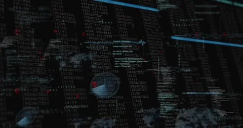 Binary digits multiplying, bar sliding, redactions appearing, radar rotating for Stock Footage 317369475