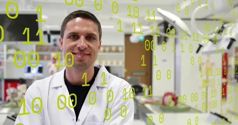 Binary digits overlay appearing over clinician in lab coat turning, smiling, Stock Footage 320585937