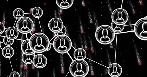Binary digits pulsing as avatar rings forming linking into tech network camera Video stock 330461933