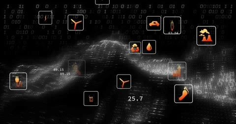Binary digits pulsing, dotted field spawning orange icons in boxes and drifting, Stock Footage 329533670
