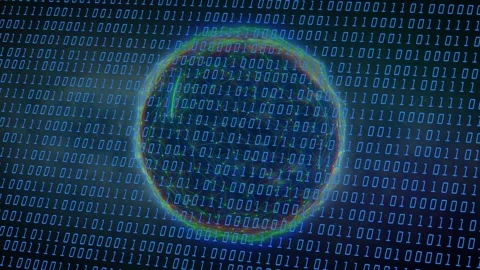 Binary digits pulsing, translucent globe rotating, neon streaks tracing routes, Stock Footage 334337449