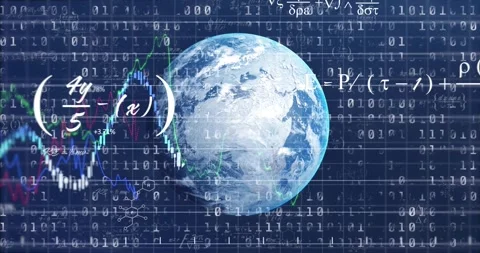 Binary digits rising, 3D Earth rotating while charts and equations animating and Stock Footage 333904430