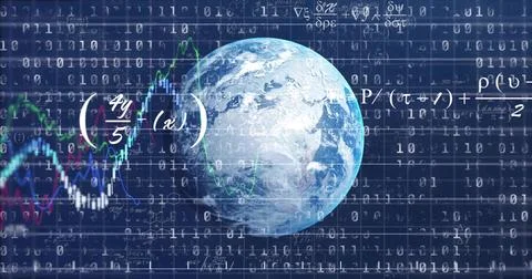 Binary digits rising, 3D Earth rotating while charts and equations animating and Stock Illustration