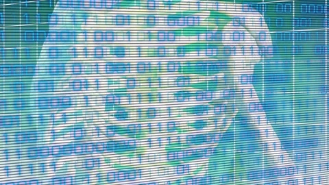 As binary digits scrolling across dark grid, neon-green skeleton hologram 스톡 동영상 317369368