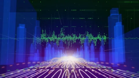 Binary digits scrolling on binary plane, bars rising, waveform pulsing to Video stock 314790302