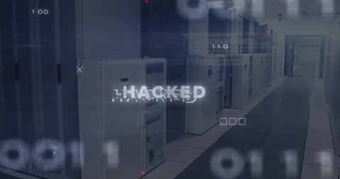 Binary digits scrolling causing glitching HACKED text floating among racks 库存影片 317185675