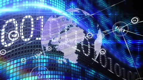 Binary digits scrolling globe fading in rotating light arc sweeping icons Stock Footage 310298268