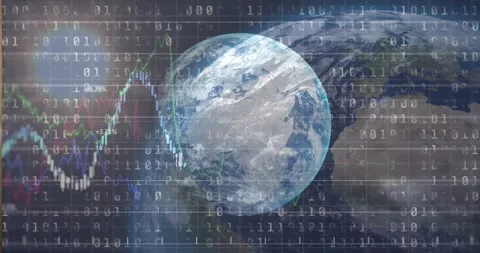 Binary digits scrolling initiating rotating Earth emerging while line charts 库存影片 327202912