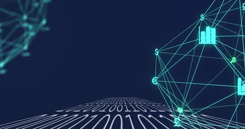 Binary digits scrolling wireframe forming currency globe, stats icons rising 스톡 동영상 310317080