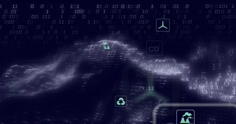 Binary digits shifting into 3D wave, icons emerging and pulsing visualizing Stock Footage 320287967