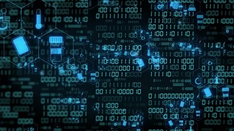 Binary digits shimmering and scrolling, starting hex nodes pulsing and linking Stock Footage 334337605
