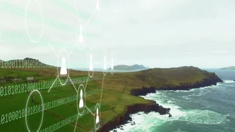 Binary digits sliding from left, network nodes forming, linking over cliff Stock Footage 333873465