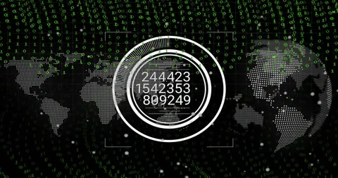 Binary digits starting HUD circles appearing ring rotating numbers updating for Stock Footage 314718223