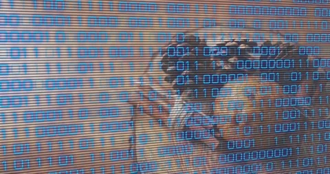 Binary digits starting left edge scrolling and scanning resting pug on sofa Stock Footage 317773097