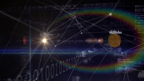 Binary digits starting wireframe network blue flare sweeping golden orb Stock Footage 312253199