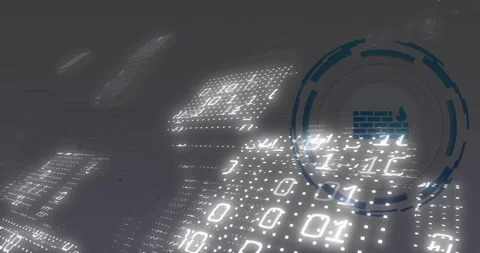 Binary digits streaming in 3D grid with holographic HUD firewall icon and Stock Footage 307443075