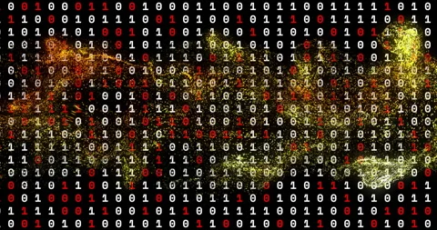Binary digits streaming across dark data matrix, intertwining with swirling Stock Footage 307462873