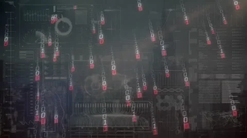 Binary digits streaming across dark futuristic UI, displaying line graphs and Stock Footage 307550966