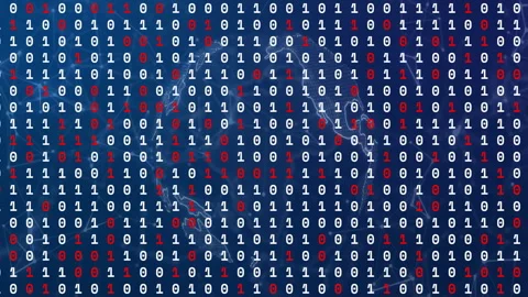 Binary digits streaming across dark blue screen, showing red white numbers over Stock Footage 309284514