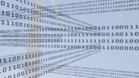 Binary digits streaming across sky background, blending wind turbine silhouette Stock Footage 307885661