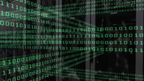 Binary digits streaming from left edge layering server racks rising density to Stock Footage 317369243