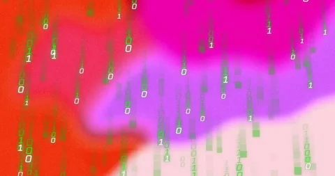 Binary digits streaming over vibrant gradient background, featuring pixelated Stock Footage 309286026