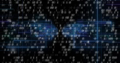 Binary digits streaming from pulsing neon-blue clusters toward center, Stock Footage 316623783