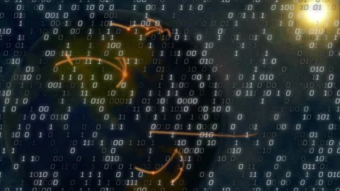 On binary drift, planet under star displaying orbital trails and code overlay Stock Footage 313639402