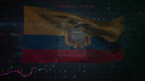 Binary fall urging hand raising Ecuador flag, alerts flashing, chart rising Video stock 311945528