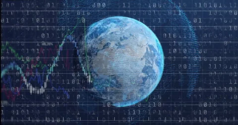 Binary feeding globe rotating and chart emerging, visualizing global data trends Stock Footage 311664104