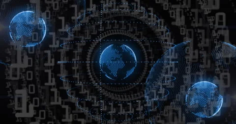 Binary field starting three data spheres emerging rotating orbiting scanning Stock Footage 310140130