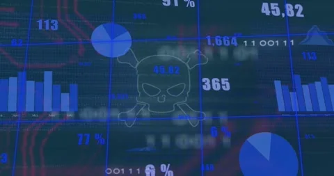 Binary flashing starting skull icon appearing and pulsing while HUD charts Stock Footage 321824941