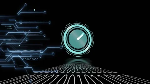 Binary floor receding with pulsing circuits, clock rotating then dissolving Stock Footage 330587816