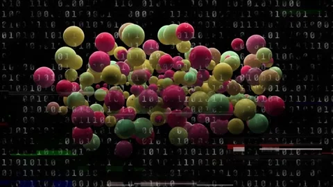 Binary glitch causing spheres spawning near upper-right, forming cloud, Stock Footage 334743922