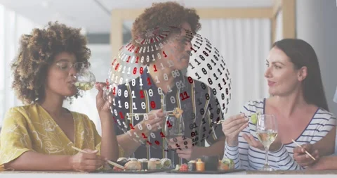 Binary globe popping, spinning over sushi counter as team sipping wine, eating 스톡 동영상 320602980