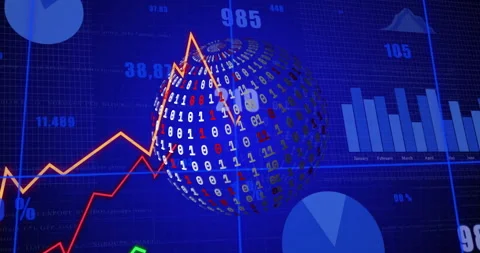 Binary globe spinning over grid, displaying red-orange line graphs and chart Stock Footage 309066838