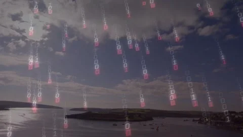 Binary glyph streams starting at cloud, descending, brightening, forming data Stock Footage 332955911