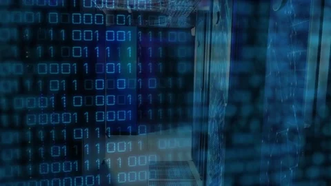 Binary grid appearing over blurred racks pulsing light and scrolling down Stock Footage 328408883