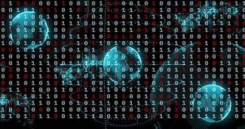 Binary grid flickering cyan spheres drifting right dotted globe emerging links Stock Footage 329533571