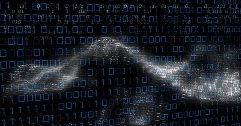 Binary grid forming at start driving luminous mesh forming crest, glowing, 스톡 일러스트