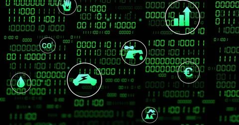 Binary grid initiating green icons drifting, pulsing, clustering, visualizing 스톡 일러스트