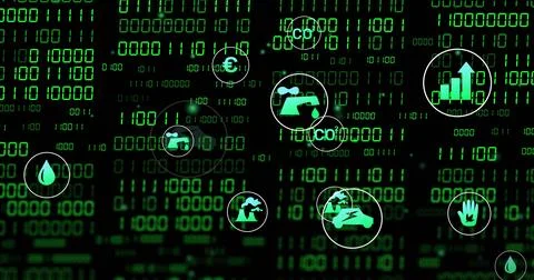Binary grid initiating green icons drifting, pulsing, clustering, visualizing 스톡 일러스트